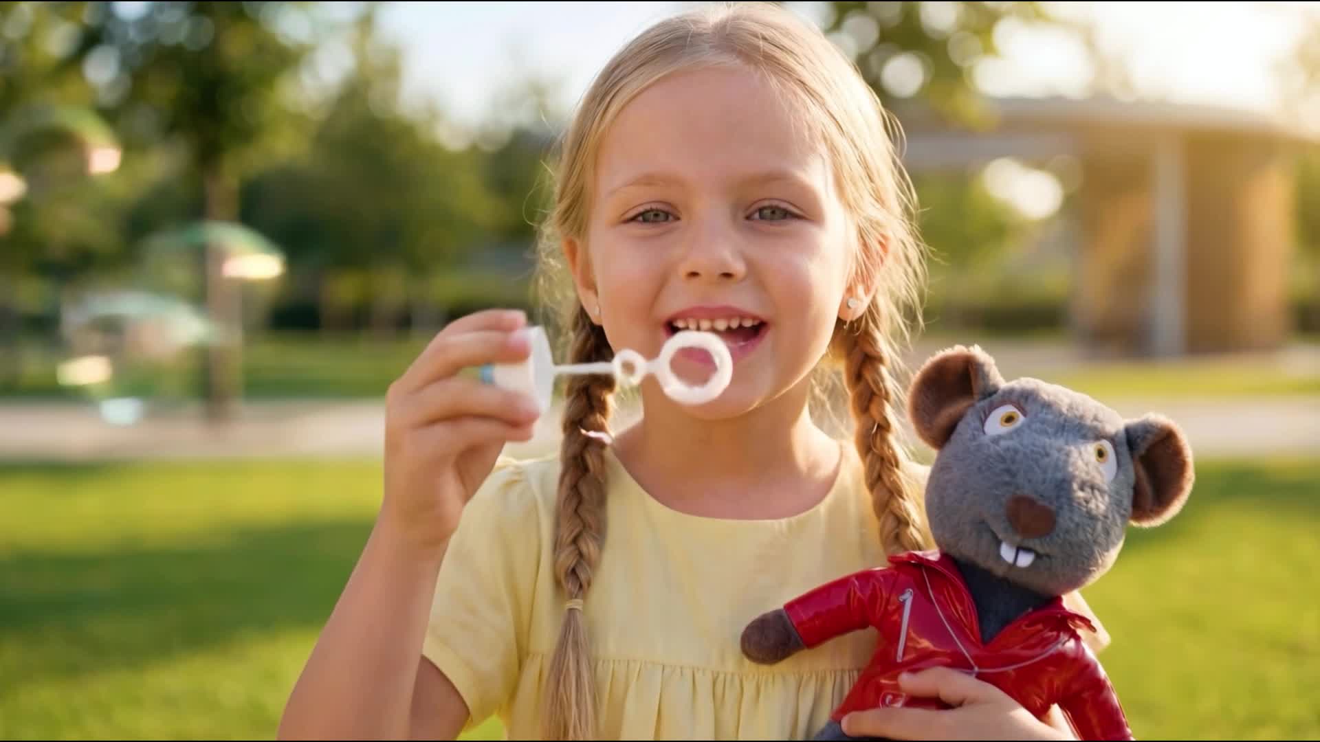Toy commercial still: a girl with the Shish soft toy